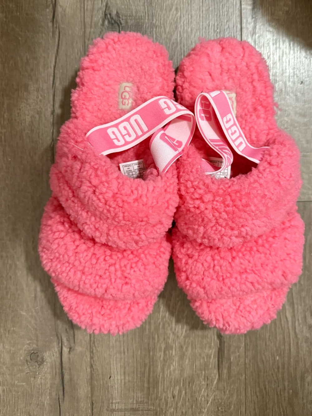 UGG Coral Pink Fluffy Slide Slippers with Branded Elastic Strap